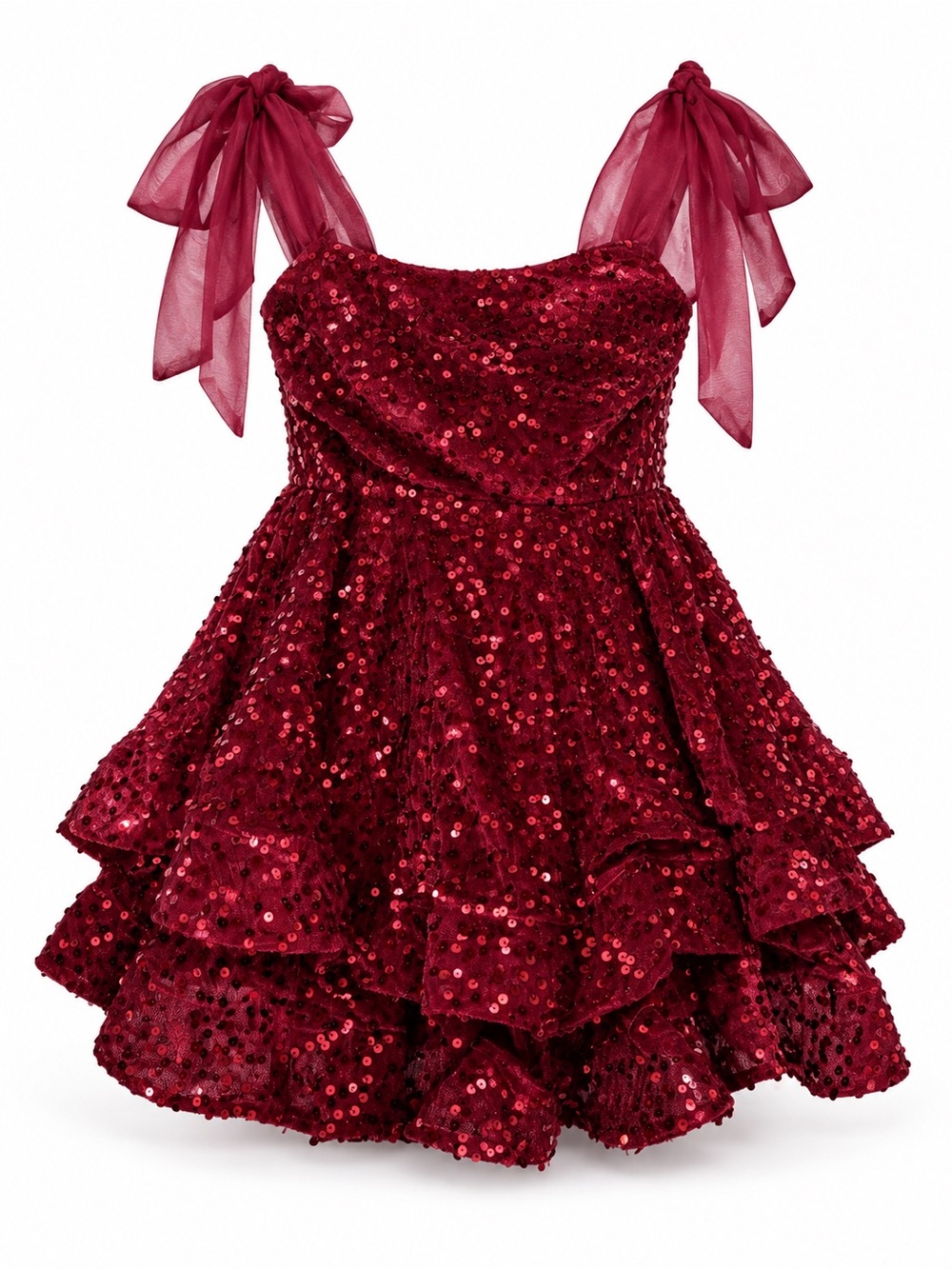 Girls Burgundy Sequin A-Line Dress with Bow Shoulder Ties